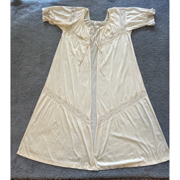 Vintage Cream/tan Maxi Robe Peignoir Dressing Gown Nylon/Lace 44" Bust Plus Size - Picture 11 of 14